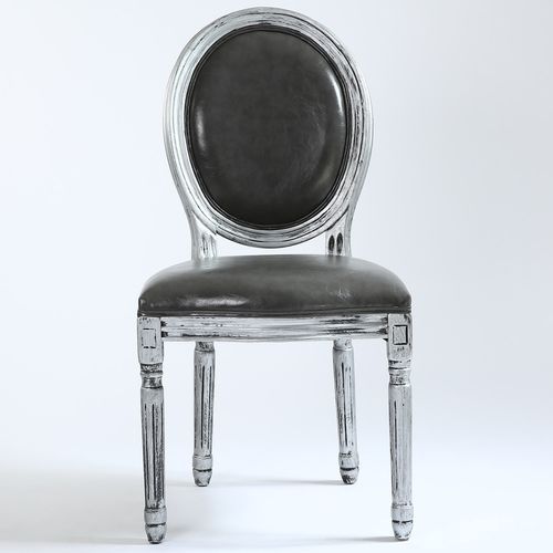 Chaise médaillon bois patiné argenté et simili gris Louis XVI - Lot de 2 - Photo n°3; ?>