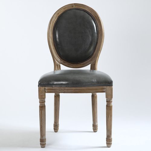 Chaise médaillon bois patiné et simili gris Louis XVI - Lot de 2 - Photo n°2; ?>