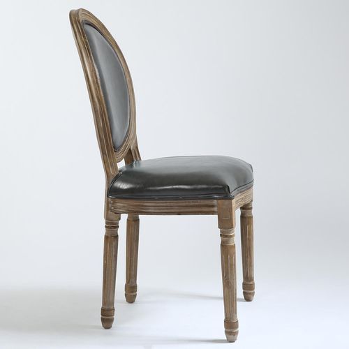 Chaise médaillon bois patiné et simili gris Louis XVI - Lot de 2 - Photo n°3; ?>