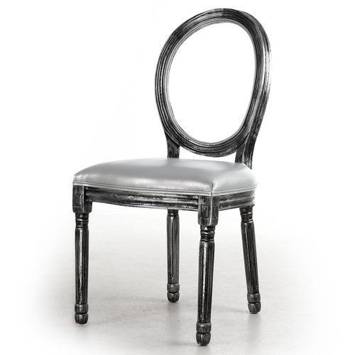 Chaise médaillon bois patiné gris et simili gris Louis XVI - Lot de 2 - Photo n°3; ?>