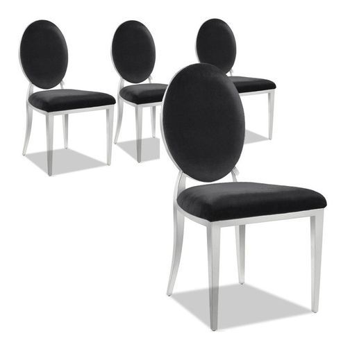 Chaise médaillon velours noir et pieds métal argenté effet miroir Arel - Lot de 4 - Photo n°3; ?>