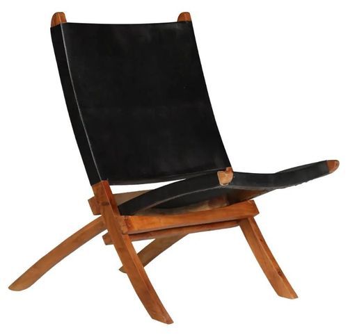 Chaise pliante cuir noir et acacia laqué Manilou - Photo n°3; ?>