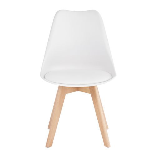 Chaise scandinave blanc avec coussin simili cuir et pieds hêtre naturel Karena - Photo n°3; ?>