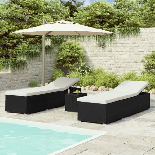 Chaises longues de jardin table à thé 3 pcs Résine tressée Noir - Photo n°2; ?>