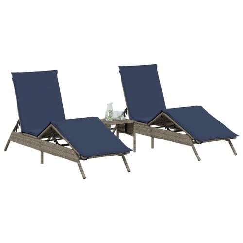 Chaises longues lot de 2 avec table gris résine tressée - Photo n°3; ?>