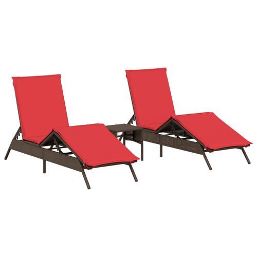 Chaises longues lot de 2 avec table marron résine tressée - Photo n°2; ?>