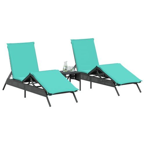 Chaises longues lot de 2 avec table noir résine tressée - Photo n°3; ?>