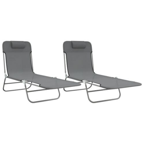Chaises longues pliables 2 pcs gris textilène et acier - Photo n°2; ?>