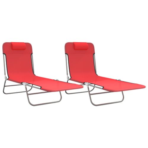 Chaises longues pliables 2 pcs rouge textilène et acier - Photo n°2; ?>