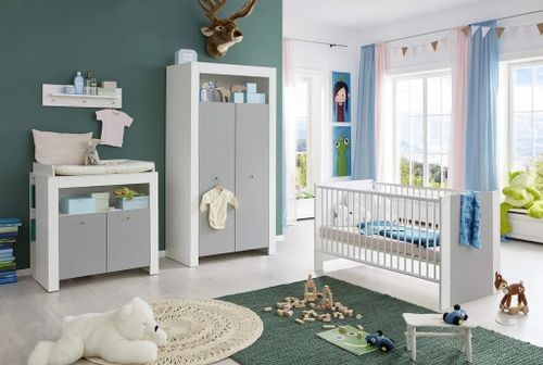 Ensemble lit bébé + commode + armoire blanc et gris - BEAR