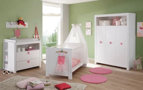 Chambre bébé Kenan lit 70x140 cm avec commode à langer et armoire mélaminé blanc - Photo n°2; ?>