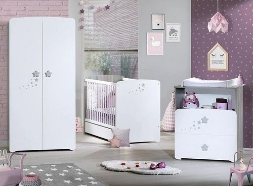 Chambre bébé Nao lit 60x120 cm armoire et commode à langer laqué blanc et gris - Photo n°2; ?>