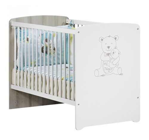 Chambre bébé Teddy lit 60x120 cm armoire et commode à langer laqué blanc et gris - Photo n°2; ?>