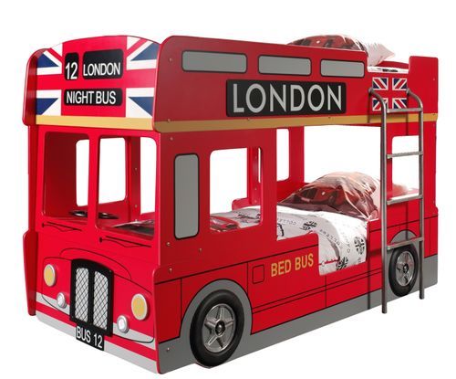 Chambre enfant 2 pièces lit superposé bus 90x200 cm et armoire bois laqué rouge Londres - Photo n°2; ?>