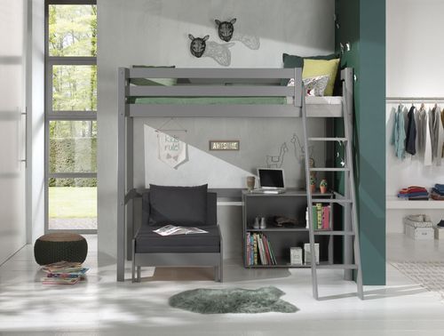 Chambre enfant 3 pièces lit fauteuil et bibliothèque pin massif gris Pino 90x200 cm - Photo n°2; ?>