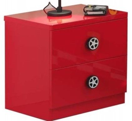 Chambre enfant 4 pièces lit voiture chevet bureau et armoire 2 portes bois rouge Lemans 90x200 cm - Photo n°3; ?>