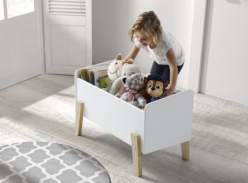 Chambre enfant 5 pièces lit chevet coffre et 2 étagères bois laqué gris et pin clair Kiddy 90x200 cm - Photo n°2; ?>