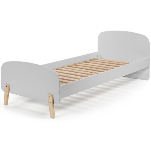 Chambre enfant 5 pièces lit chevet coffre et 2 étagères bois laqué gris et pin clair Kiddy 90x200 cm - Photo n°3; ?>