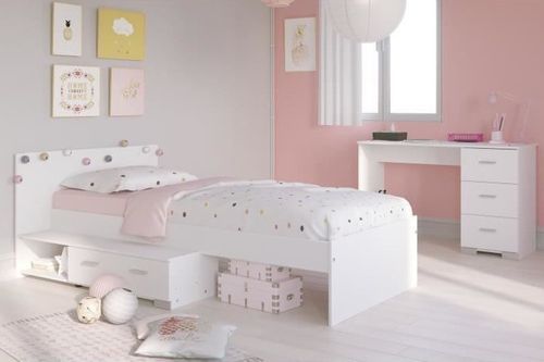 Chambre enfant complète 2 pièces bois mdf blanc Nutéa Lit + bureau - Photo n°2; ?>