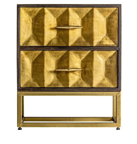 Chevet 2 tiroirs métal doré et bois massif foncé Kopa - Photo n°2; ?>