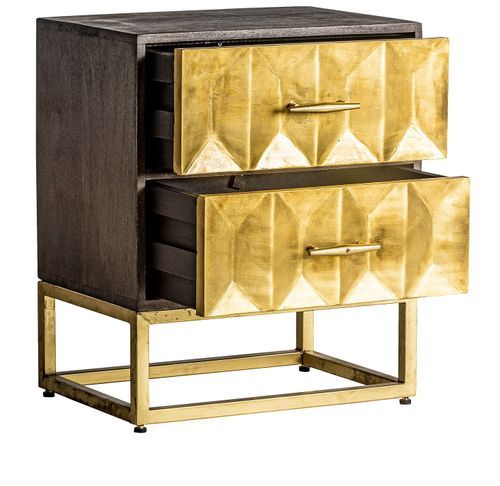 Chevet 2 tiroirs métal doré et bois massif foncé Kopa - Photo n°3; ?>