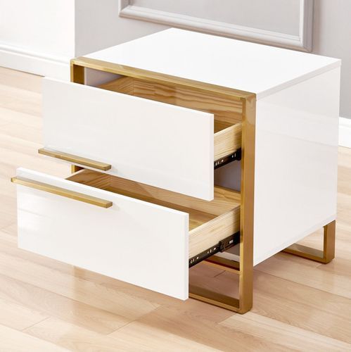 Table de chevet bois massif blanc et pieds métal doré Beneto - Photo n°2; ?>