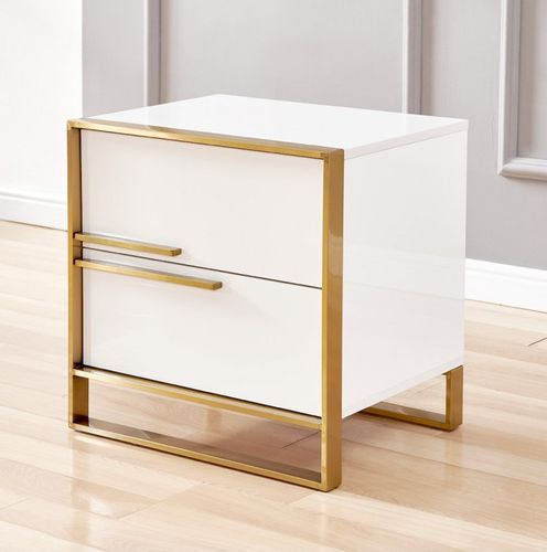 Table de chevet bois massif blanc et pieds métal doré Beneto - Photo n°3; ?>