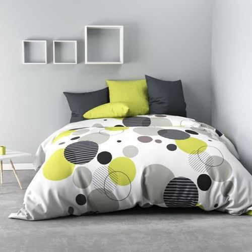 CHUPPS Parure de draps - 1 drap plat 240x300cm + 1 drap housse 140x190cm + 2 taies 63x63cm - Gris Blanc et Anis - Photo n°2; ?>