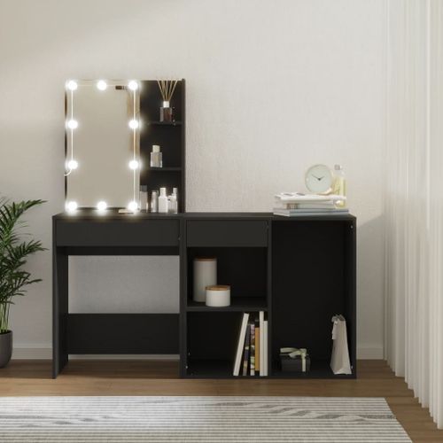 Coiffeuse à LED avec armoire noir bois d'ingénierie - Photo n°3; ?>