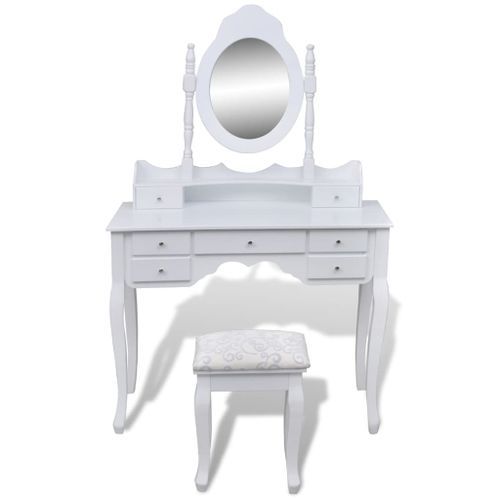 Coiffeuse avec miroir et tabouret 7 tiroirs Blanc - Photo n°2; ?>