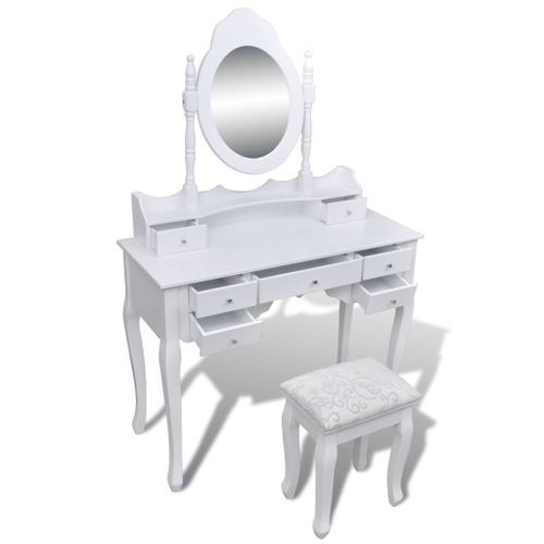 Coiffeuse avec miroir et tabouret 7 tiroirs Blanc - Photo n°3; ?>