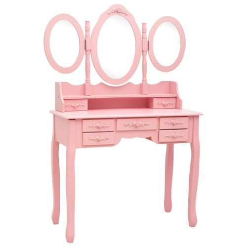 Coiffeuse avec tabouret et miroir pliable en 3 Rose - Photo n°2; ?>