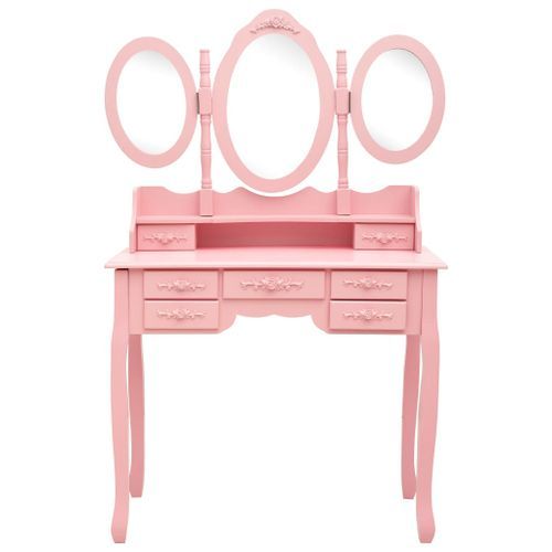 Coiffeuse avec tabouret et miroir pliable en 3 Rose - Photo n°3; ?>