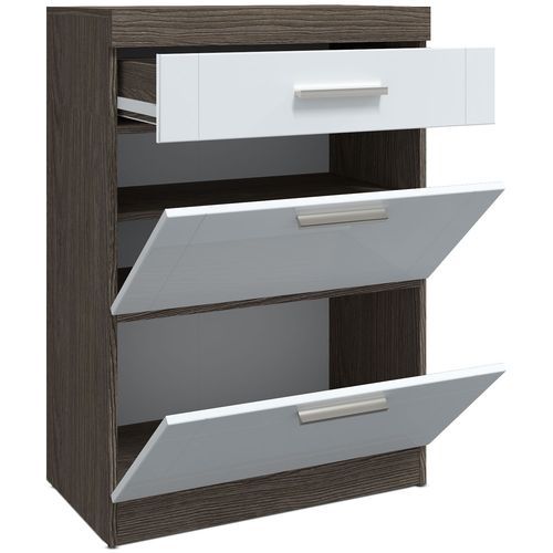 Commode 1 tiroir 2 portes bois chêne foncé et blanc Essil - Photo n°2; ?>