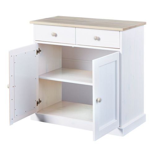 Commode 2 portes 2 tiroirs pin massif clair et blanc Caly - Photo n°3; ?>