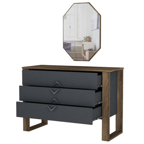 Commode 3 tiroirs avec miroir mural bois foncé et anthracite Luko 110 cm - Photo n°2; ?>