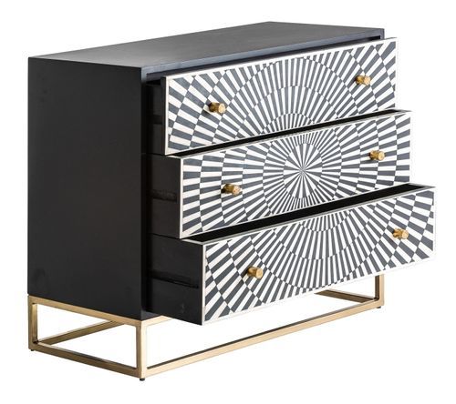 Commode 3 tiroirs bois noir et blanc pieds métal doré Wippi - Photo n°2; ?>