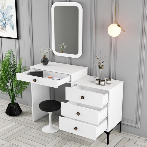 Commode 4 tiroirs avec miroir mural bois blanc Kindo 124 cm - Photo n°2; ?>