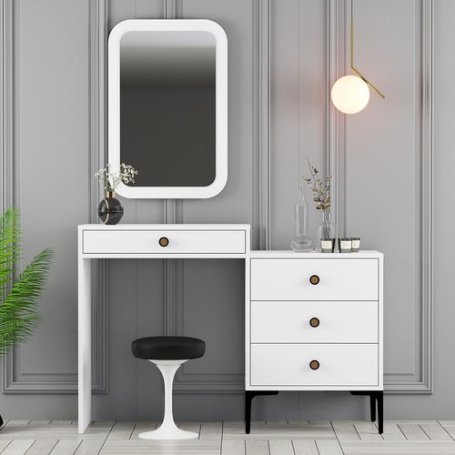 Commode 4 tiroirs avec miroir mural bois blanc Kindo 124 cm - Photo n°3; ?>