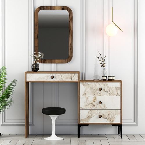 Commode 4 tiroirs avec miroir mural bois foncé et blanc effet marbre Kindo 124 cm - Photo n°2; ?>
