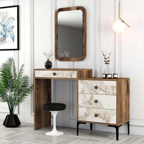 Commode 4 tiroirs avec miroir mural bois foncé et blanc effet marbre Kindo 124 cm - Photo n°3; ?>