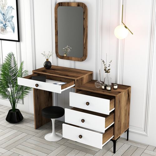 Commode 4 tiroirs avec miroir mural bois foncé et blanc Kindo 124 cm - Photo n°2; ?>