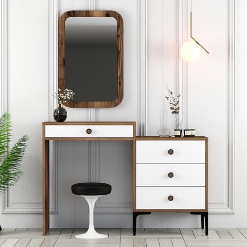Commode 4 tiroirs avec miroir mural bois foncé et blanc Kindo 124 cm - Photo n°3; ?>