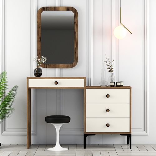 Commode 4 tiroirs avec miroir mural bois foncé et crème Kindo 124 cm - Photo n°3; ?>