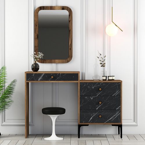 Commode 4 tiroirs avec miroir mural bois foncé et noir effet marbre Kindo 124 cm - Photo n°2; ?>