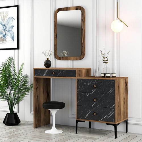 Commode 4 tiroirs avec miroir mural bois foncé et noir effet marbre Kindo 124 cm - Photo n°3; ?>