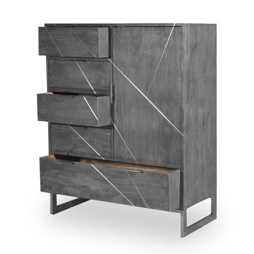 Commode 5 tiroirs 1 porte acacia massif et métal gris Toupma - Photo n°3; ?>