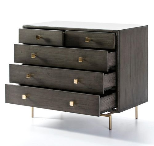 Commode 5 tiroirs bois massif gris et pieds métal doré Bar - Photo n°2; ?>