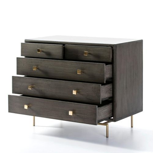 Commode 5 tiroirs bois massif noir et pieds métal doré Bar - Photo n°2; ?>