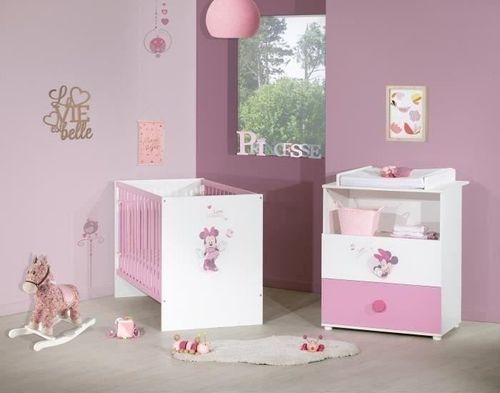 Commode bébé 2 tiroirs avec plan à langer bois laqué blanc et rose Minnie - Photo n°2; ?>